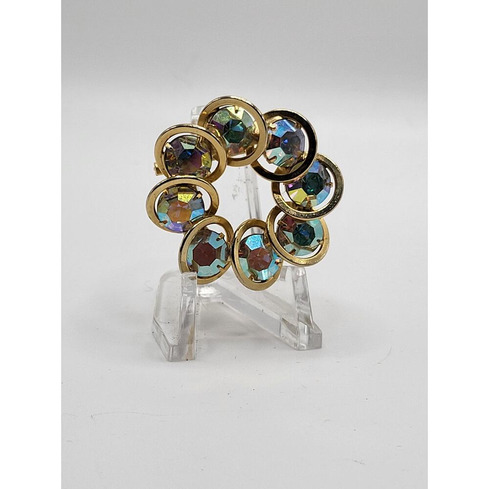 Vintage Gold Tone AB Rhinestone Wreath Brooch Prong Set Crystal Pin